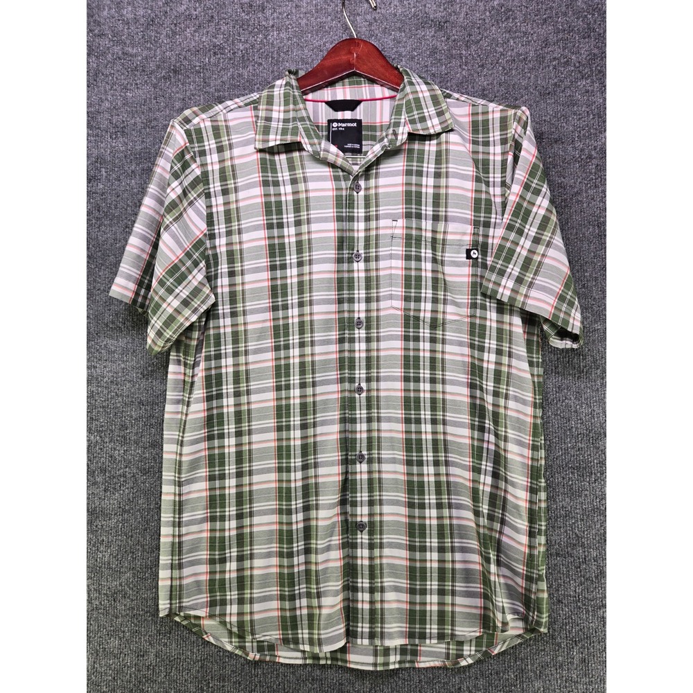 Marmot Mens Medium Green Plaid Short Sleeve Button Down Hiking Shirt Pocket Logo